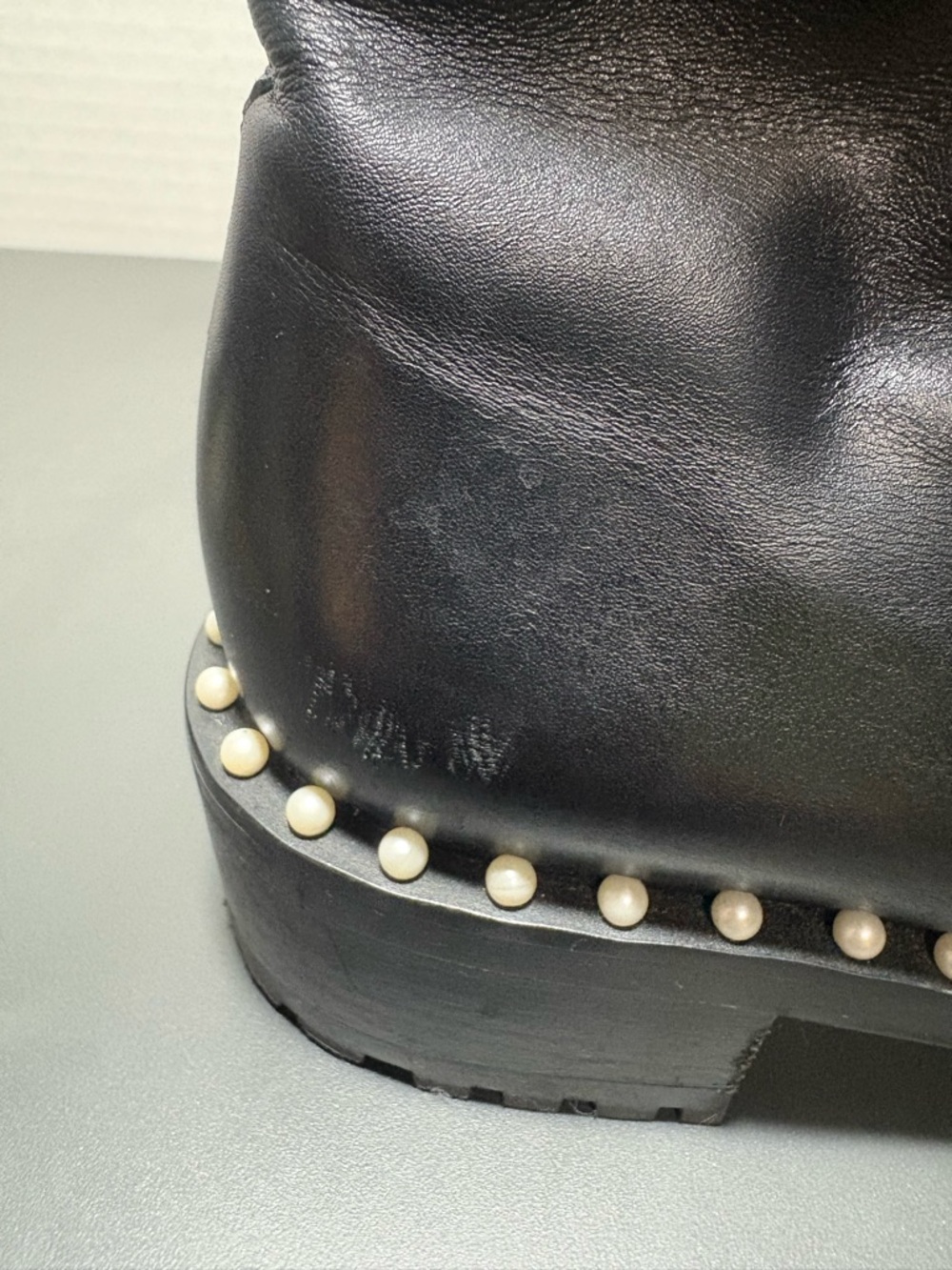 STUART WEITZMAN Sondra Black Leather Pearl-Trim Lace-Up Combat Boot - Picture 10 of 10